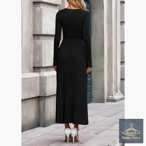 Long Sleeve V-Neck Ribbed Knit Pleated Maxi Sweater Dress - Picture 5 of 7